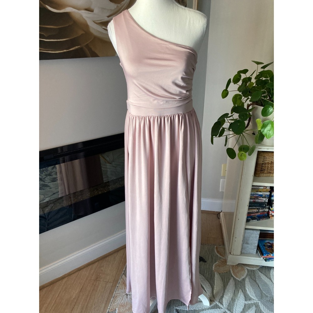 Lyaner Maxi Dress Womens Medium One Shoulder Ruched Powder Pink Front Slit